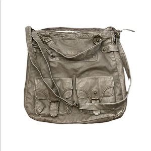 Brown faux leather green army tote bag